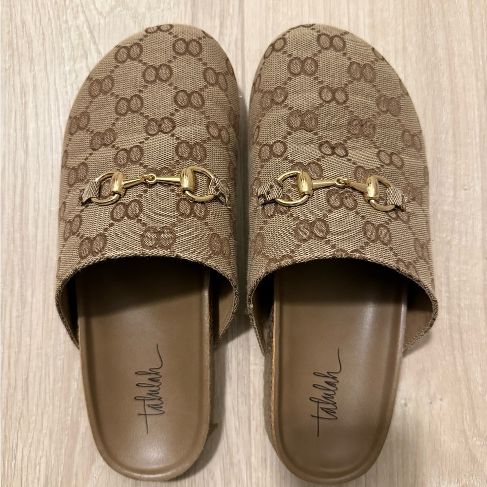 TALULAH Brown Patterned Mules with Gold Accent